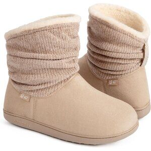 Women's Khaki LongBay Chenille Knit Bootie Slippers Memory Foam Faux Fur Suede